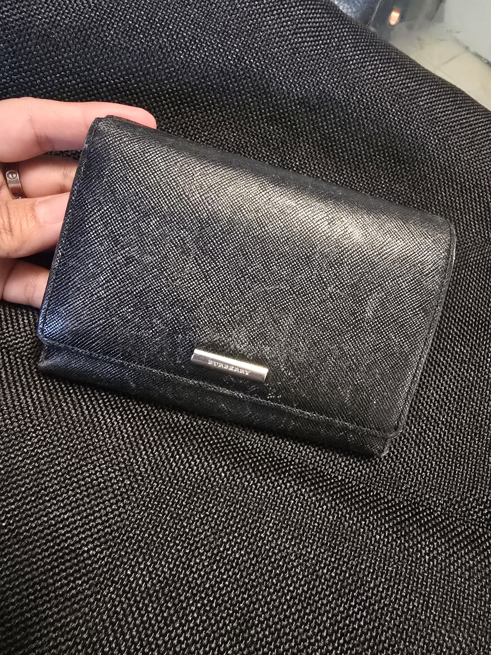 Burberry Black Leather Compact Wallet with Metal Logo Plaque